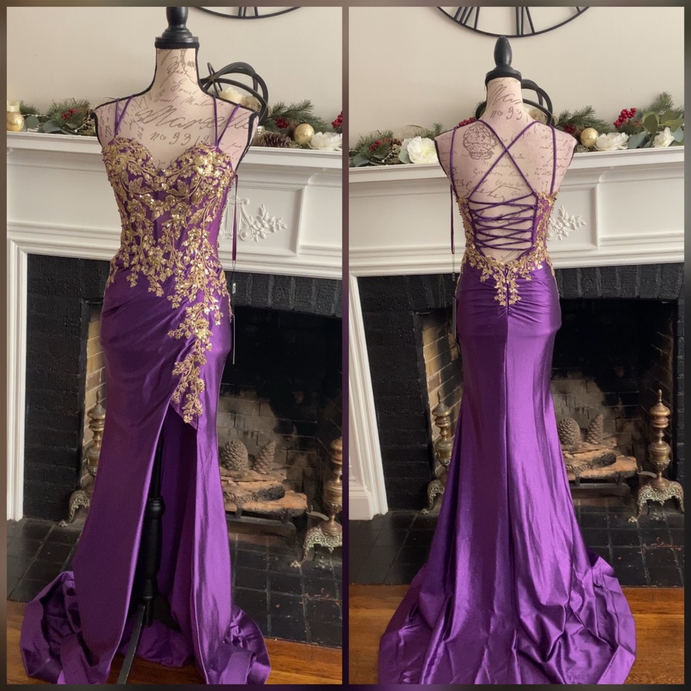 Corset gold and purple mermaid prom dress with gold lace appliqués